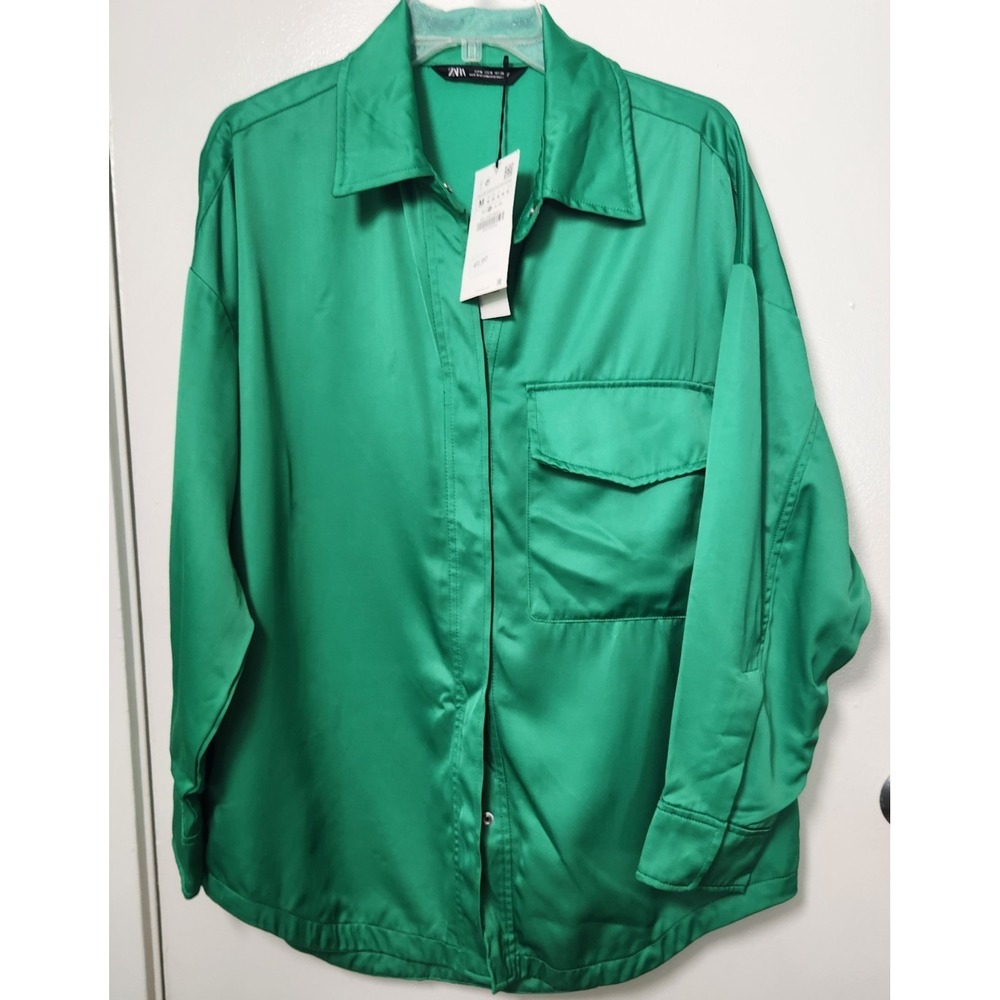 Zara Oversized NWT‎ Womens Med Satin Effect Green Shacket Shirt Snaps Pocket